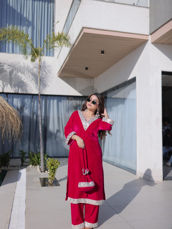 Velvet Zari Mirror Work Top-Pant with Batwa