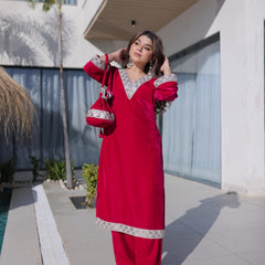 Velvet Zari Mirror Work Top-Pant with Batwa