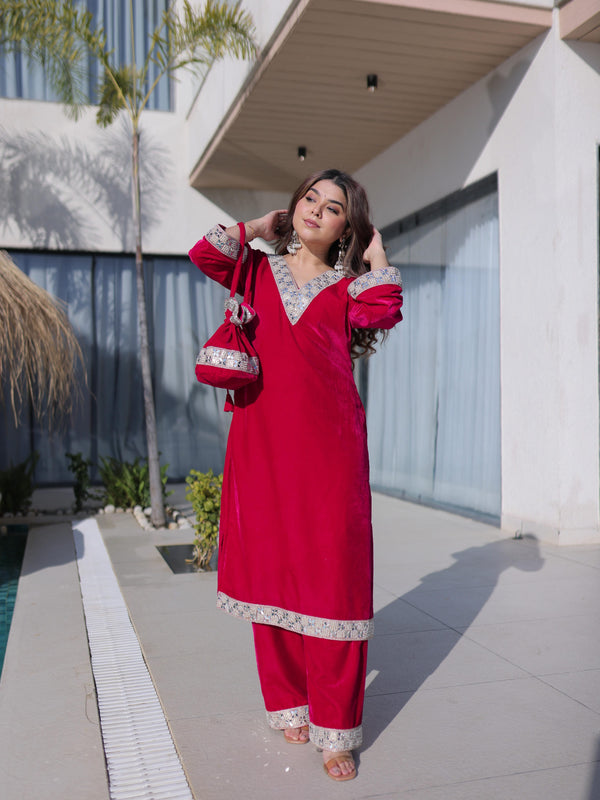 Velvet Zari Mirror Work Top-Pant with Batwa