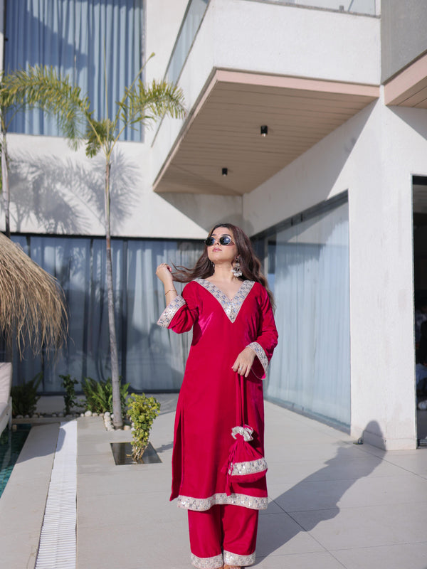 Velvet Zari Mirror Work Top-Pant with Batwa