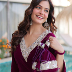 Velvet Zari Mirror Work Top-Pant with Batwa