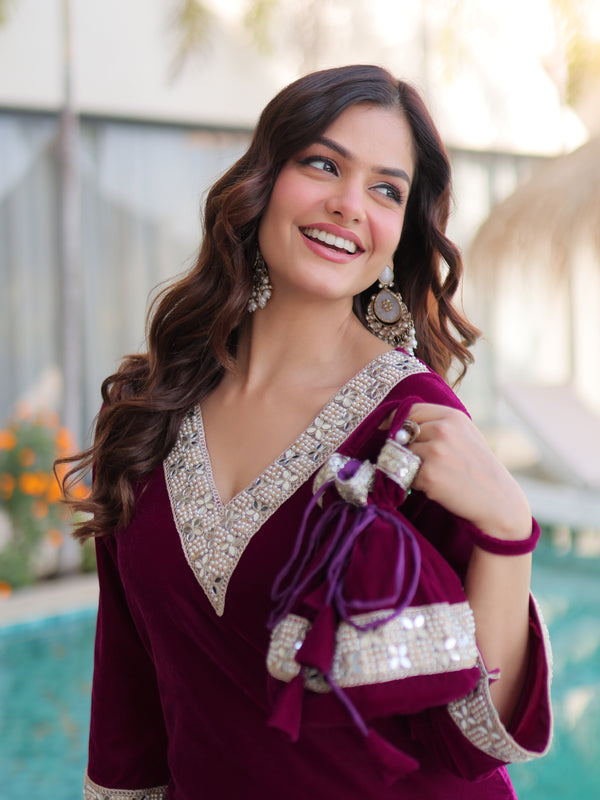 Velvet Zari Mirror Work Top-Pant with Batwa