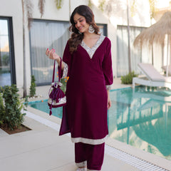 Velvet Zari Mirror Work Top-Pant with Batwa