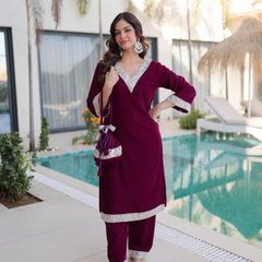 Velvet Zari Mirror Work Top-Pant with Batwa