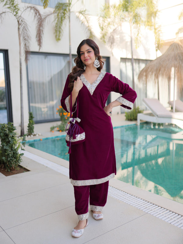 Velvet Zari Mirror Work Top-Pant with Batwa