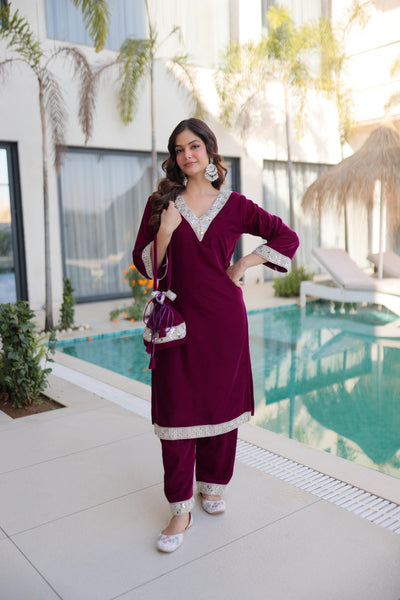 Velvet Zari Mirror Work Top-Pant with Batwa