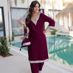 Velvet Zari Mirror Work Top-Pant with Batwa