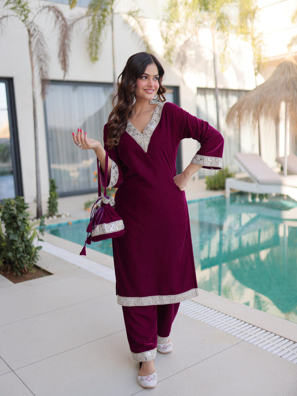 Velvet Zari Mirror Work Top-Pant with Batwa