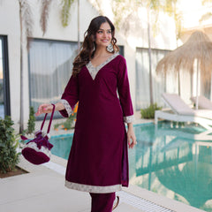 Velvet Zari Mirror Work Top-Pant with Batwa