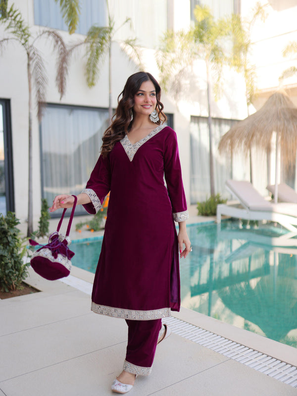 Velvet Zari Mirror Work Top-Pant with Batwa