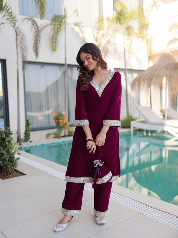 Velvet Zari Mirror Work Top-Pant with Batwa
