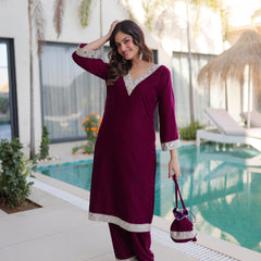 Velvet Zari Mirror Work Top-Pant with Batwa