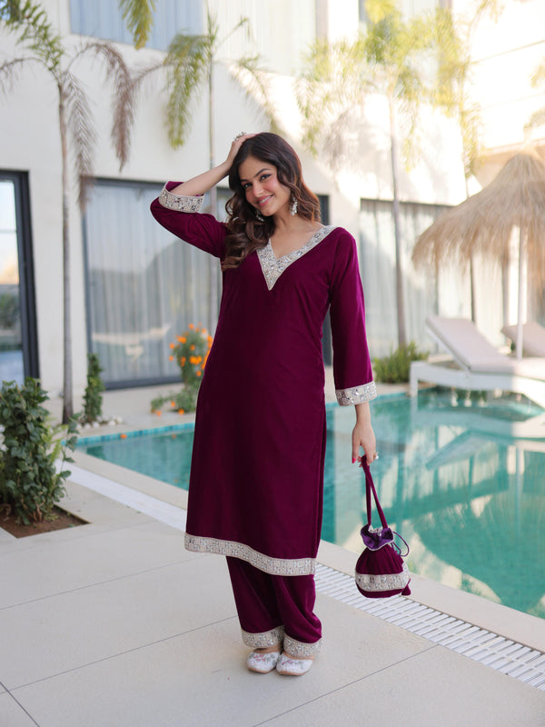 Velvet Zari Mirror Work Top-Pant with Batwa