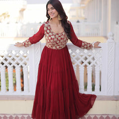 Faux Blooming Sequins Zari Embroidered Tiered Gown