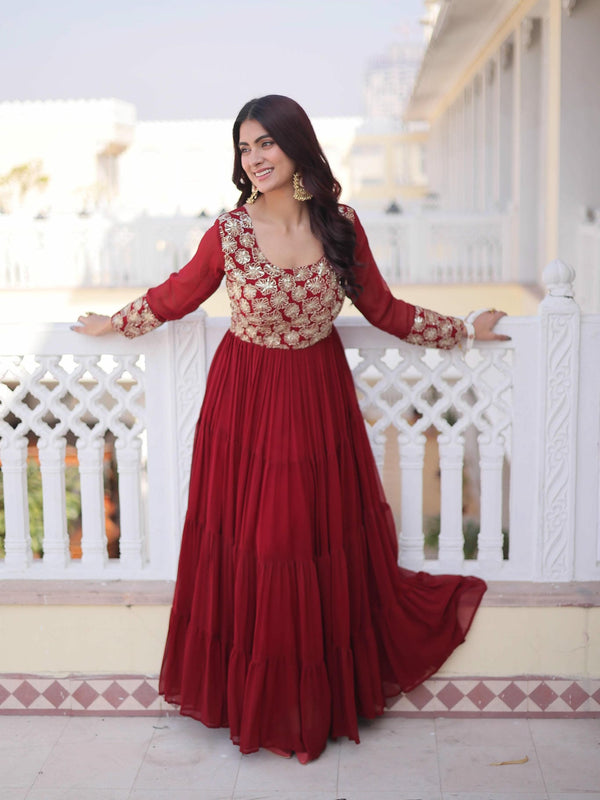 Faux Blooming Sequins Zari Embroidered Tiered Gown