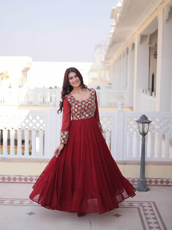 Faux Blooming Sequins Zari Embroidered Tiered Gown
