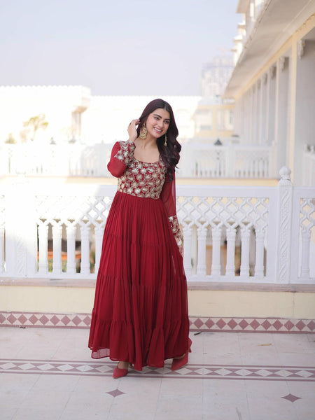 Faux Blooming Sequins Zari Embroidered Tiered Gown