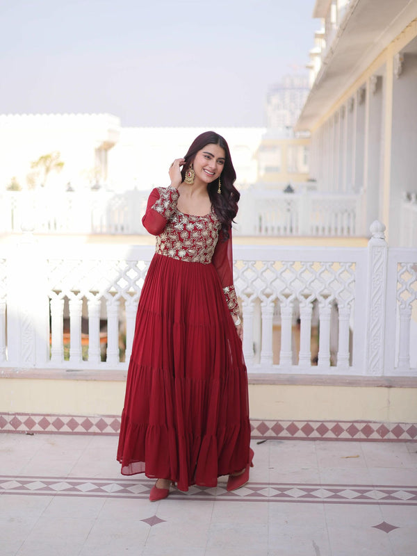 Faux Blooming Sequins Zari Embroidered Tiered Gown
