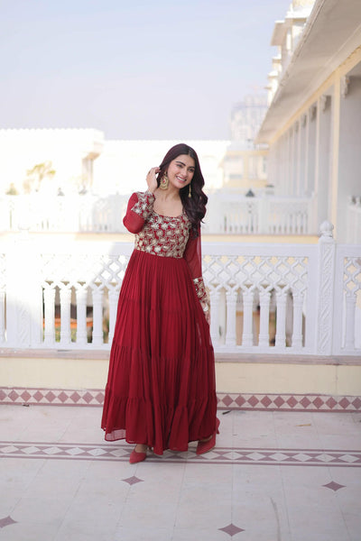 Faux Blooming Sequins Zari Embroidered Tiered Gown