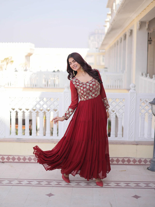 Faux Blooming Sequins Zari Embroidered Tiered Gown