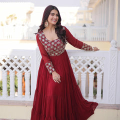 Faux Blooming Sequins Zari Embroidered Tiered Gown