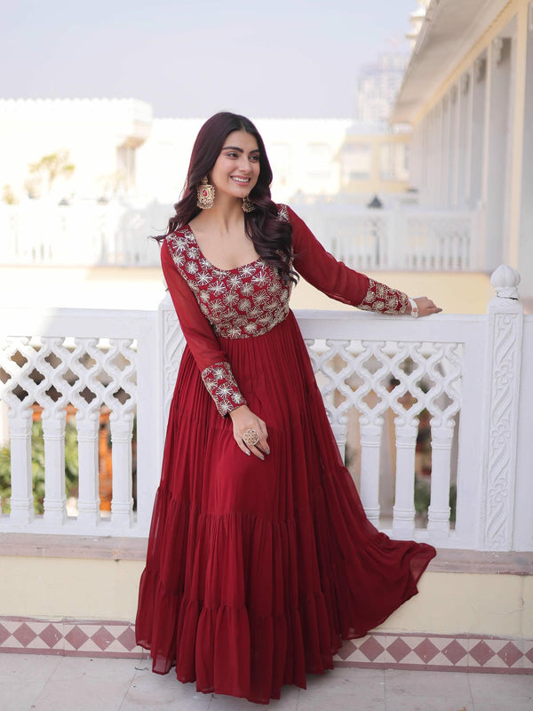 Faux Blooming Sequins Zari Embroidered Tiered Gown