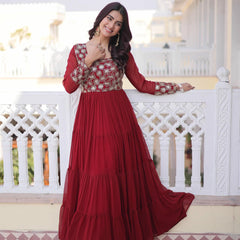 Faux Blooming Sequins Zari Embroidered Tiered Gown