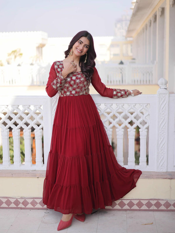 Faux Blooming Sequins Zari Embroidered Tiered Gown