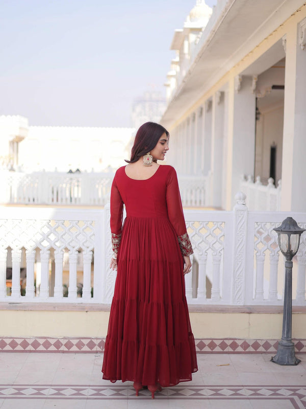 Faux Blooming Sequins Zari Embroidered Tiered Gown