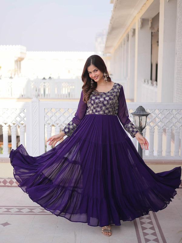 Faux Blooming Sequins Zari Embroidered Tiered Gown