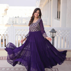 Faux Blooming Sequins Zari Embroidered Tiered Gown