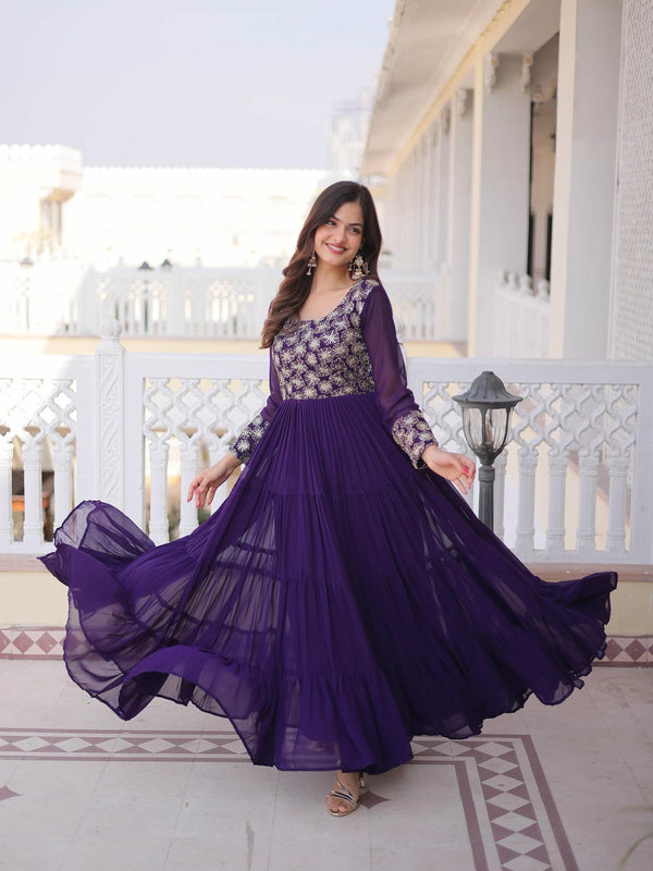 Faux Blooming Sequins Zari Embroidered Tiered Gown