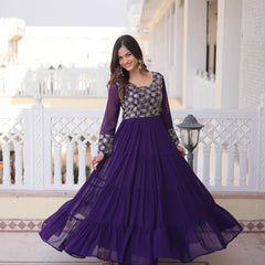 Faux Blooming Sequins Zari Embroidered Tiered Gown