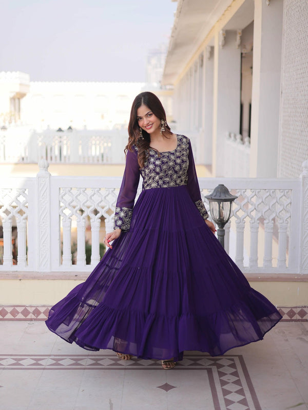 Faux Blooming Sequins Zari Embroidered Tiered Gown