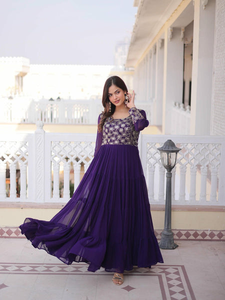 Faux Blooming Sequins Zari Embroidered Tiered Gown