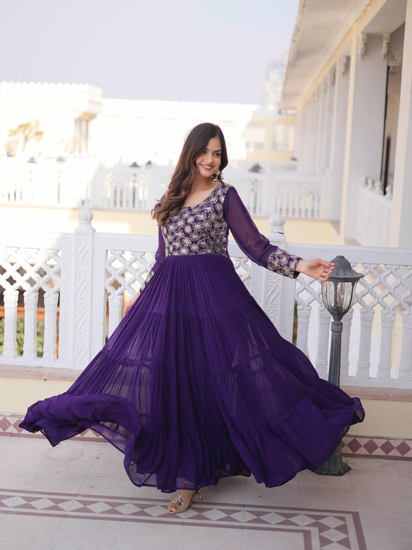 Faux Blooming Sequins Zari Embroidered Tiered Gown