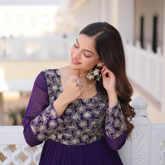 Faux Blooming Sequins Zari Embroidered Tiered Gown