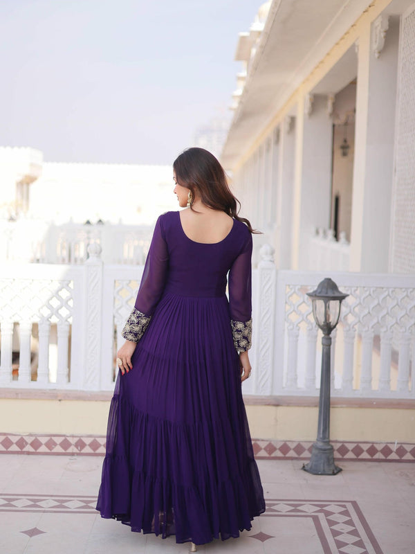 Faux Blooming Sequins Zari Embroidered Tiered Gown