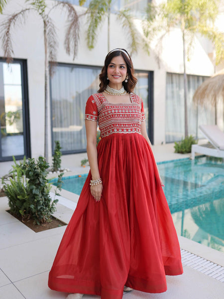 H O Fabric Sequins Zari Pipe Beads Embroidered Gown