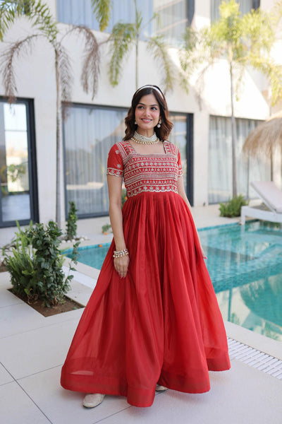 H O Fabric Sequins Zari Pipe Beads Embroidered Gown
