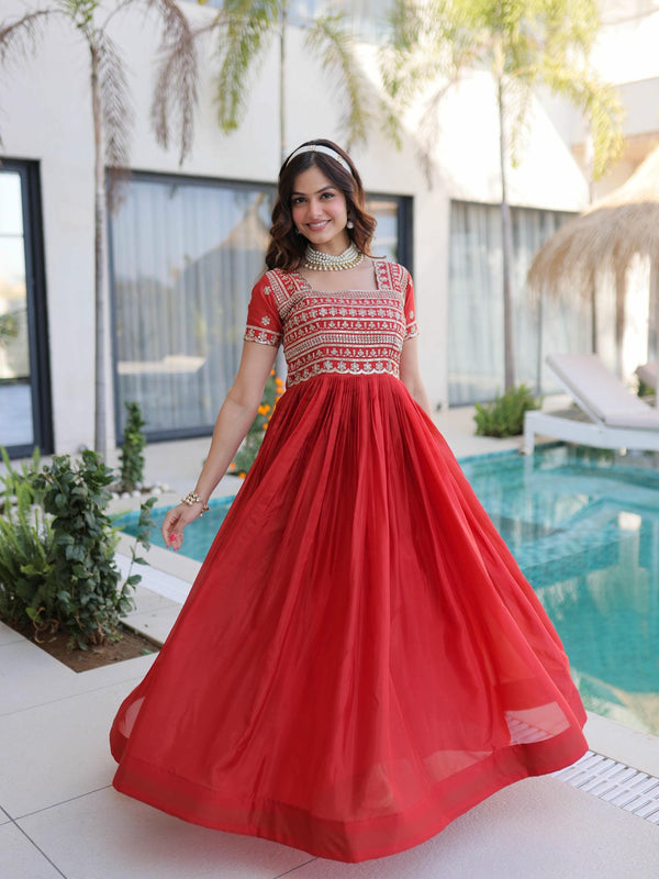 H O Fabric Sequins Zari Pipe Beads Embroidered Gown