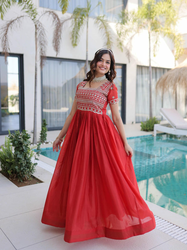 H O Fabric Sequins Zari Pipe Beads Embroidered Gown
