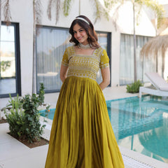 H O Fabric Sequins Zari Pipe Beads Embroidered Gown