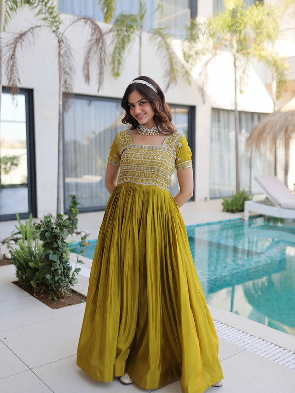 H O Fabric Sequins Zari Pipe Beads Embroidered Gown