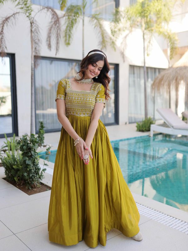 H O Fabric Sequins Zari Pipe Beads Embroidered Gown