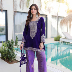 9000 Velvet Zari Coding Embroidered Top-Pant with Batwa