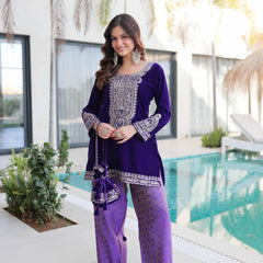 9000 Velvet Zari Coding Embroidered Top-Pant with Batwa