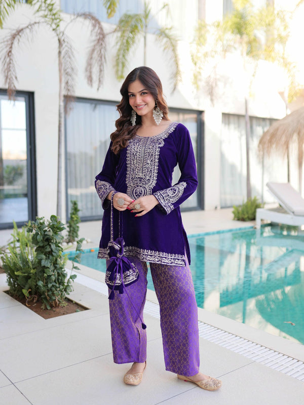 9000 Velvet Zari Coding Embroidered Top-Pant with Batwa