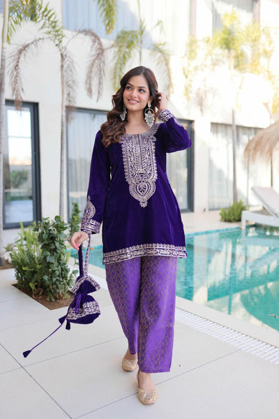 9000 Velvet Zari Coding Embroidered Top-Pant with Batwa