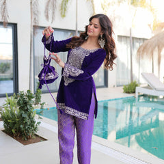 9000 Velvet Zari Coding Embroidered Top-Pant with Batwa